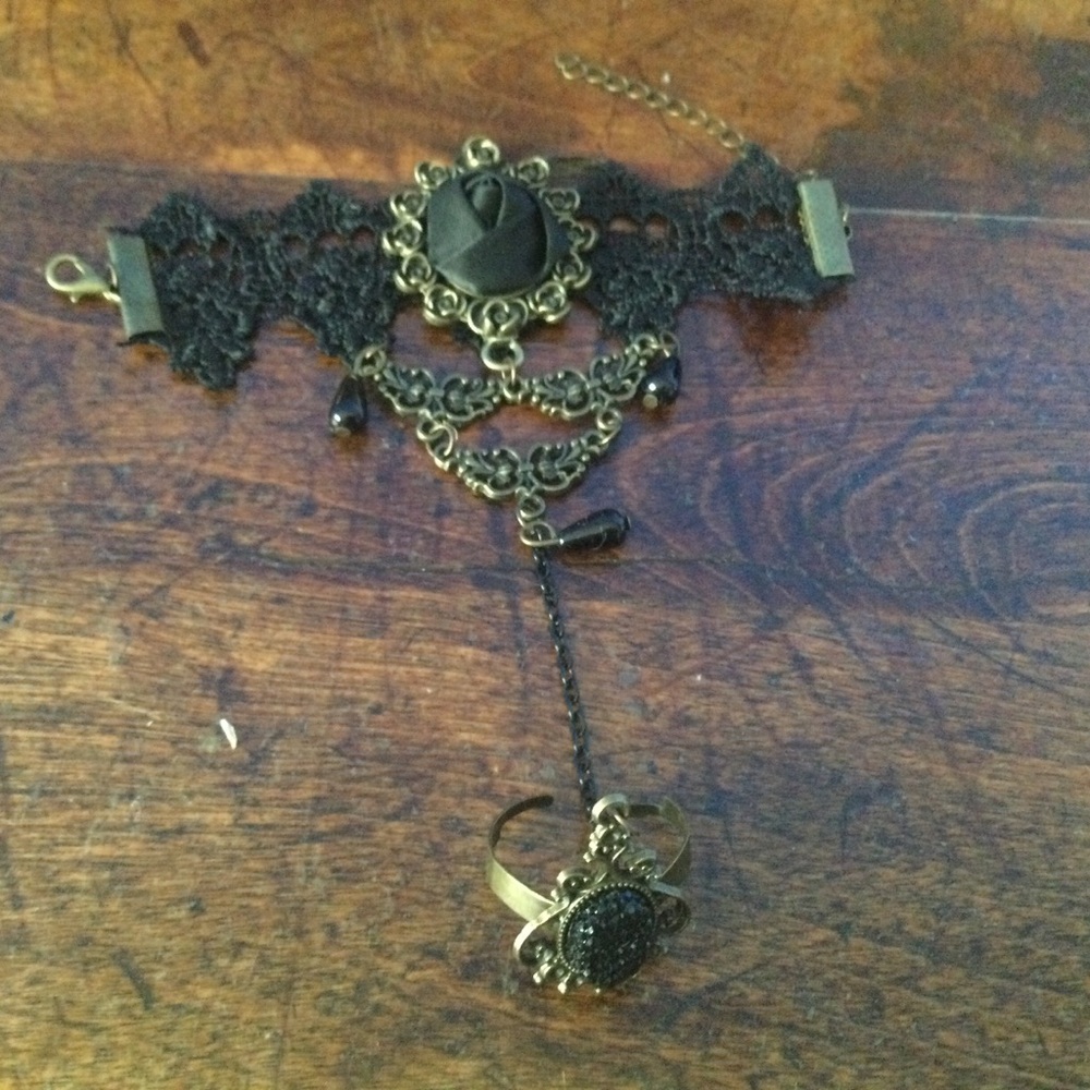 Gothic Style Black Lace Bracelet with Ring